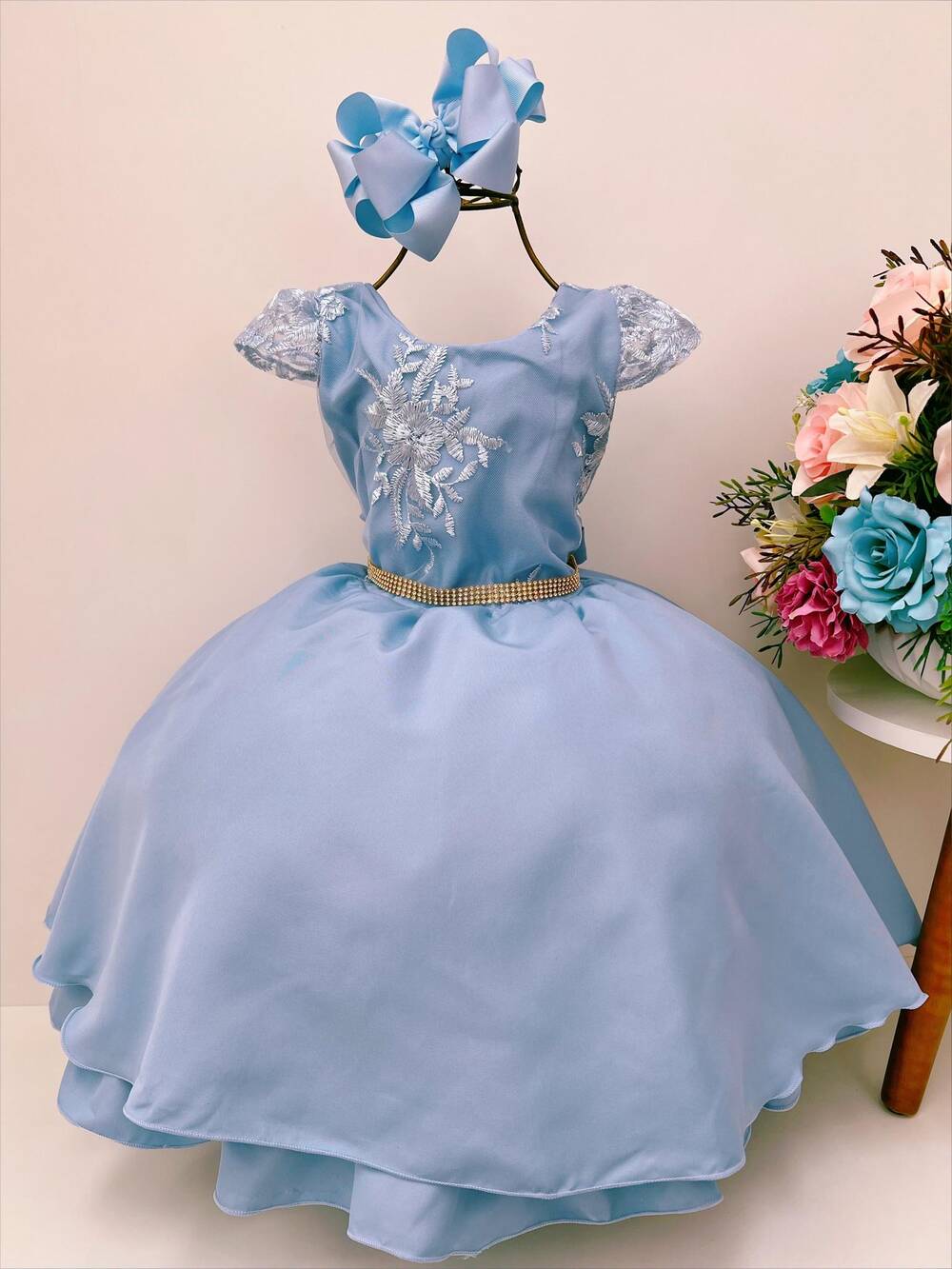 Vestido Infantil Azul C/ Renda Cinto Strass Luxo Damas