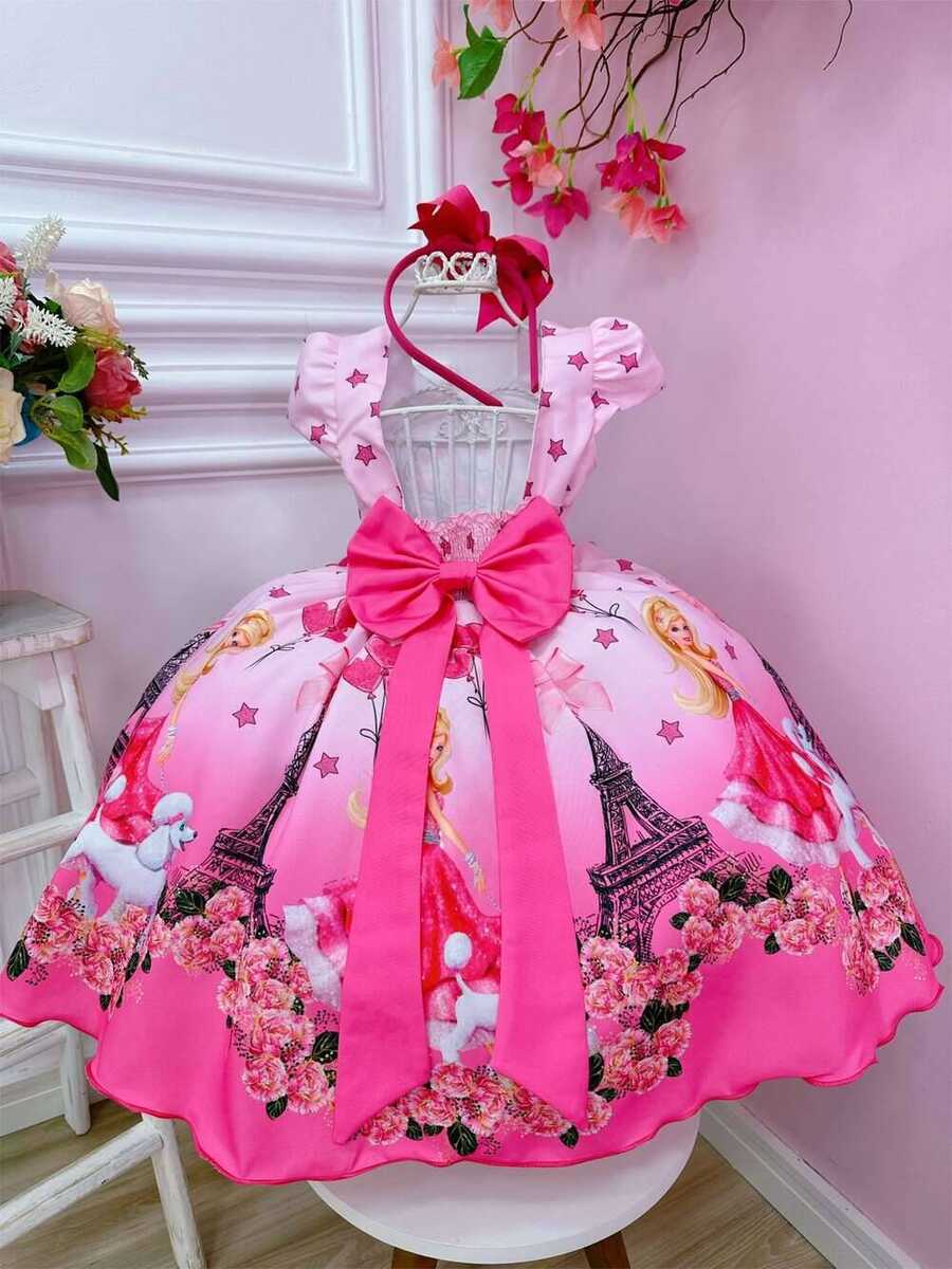 Vestido Infantil Barbie em Paris Rosa e Pink Cinto Pérolas