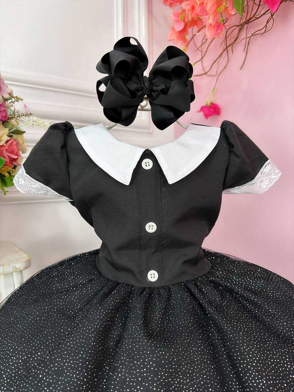 Vestido Infantil Wandinha Preto Saia C/ Glitter