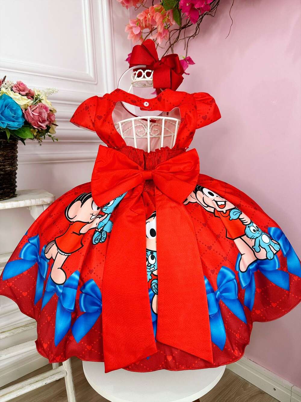 Vestido Infantil Vermelho Mônica e Cascão Cinto de Pérolas