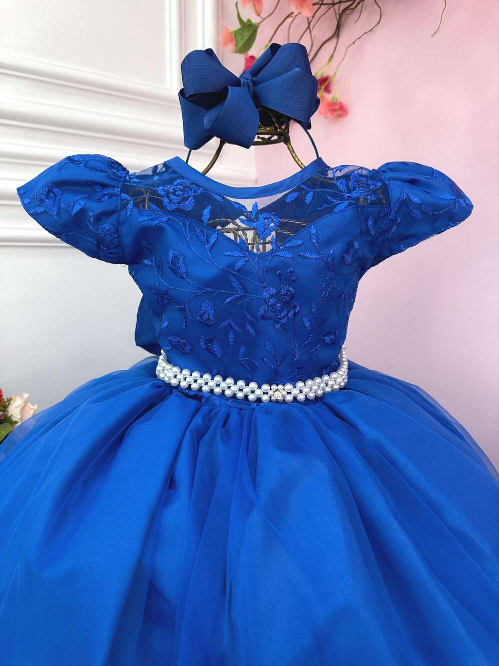 Vestido Infantil Dama Honra Azul Royal Casamento Renda