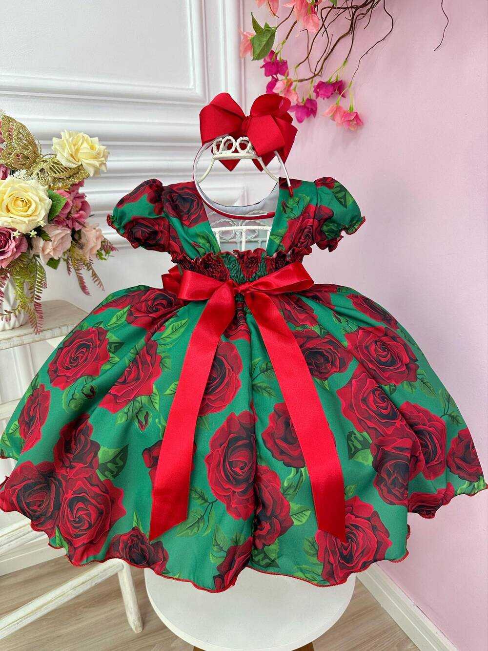 Vestido Infantil Verde Florido de Rosas Natal Festas Luxo