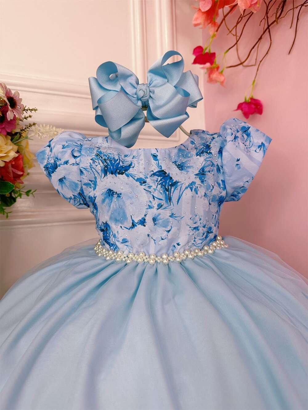 Vestido Infantil Azul Bebê C/ Peito Strass Florido Luxo