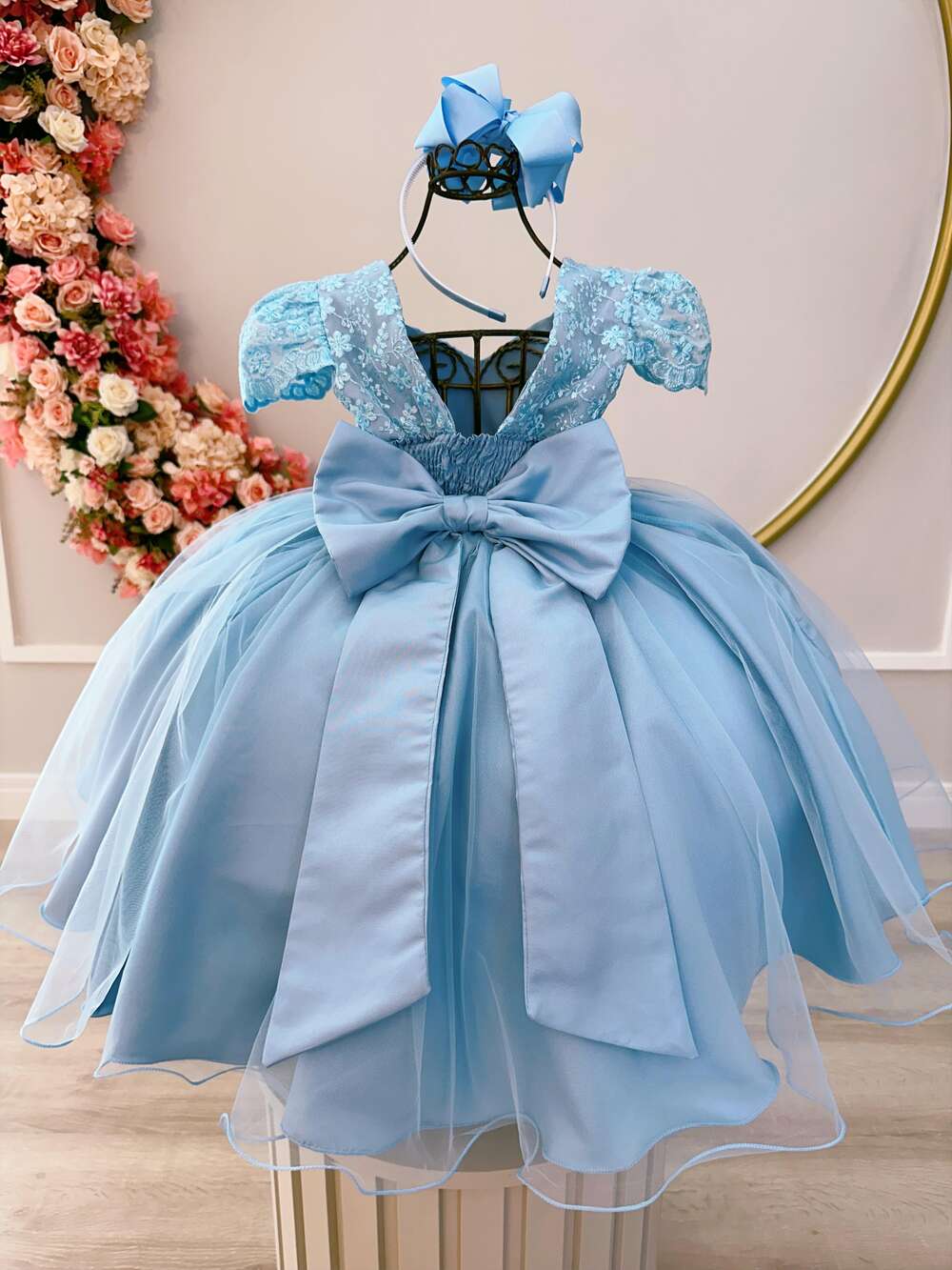 Vestido Infantil Azul C/ Renda e Cinto de Pérolas Festas