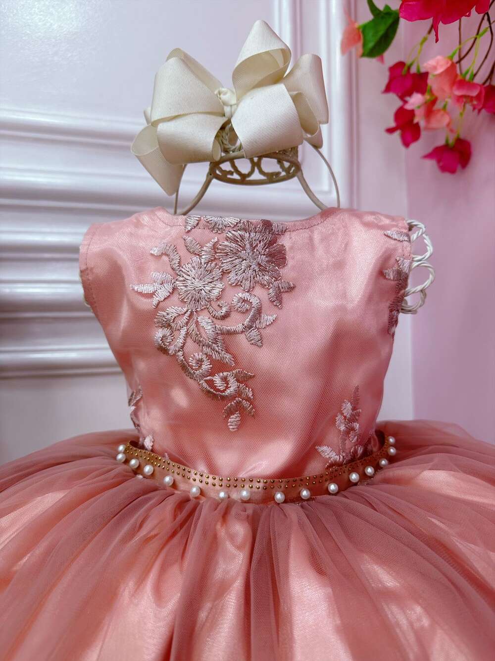 Vestido Infantil Rose Damas de Honra Cinto Pérola Strass