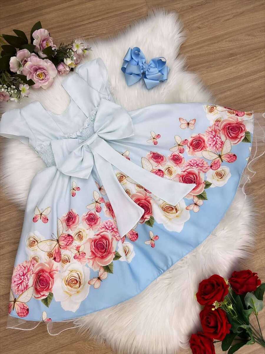 Vestido Infantil Azul Bebê Jardim das Borboletas com Pérolas