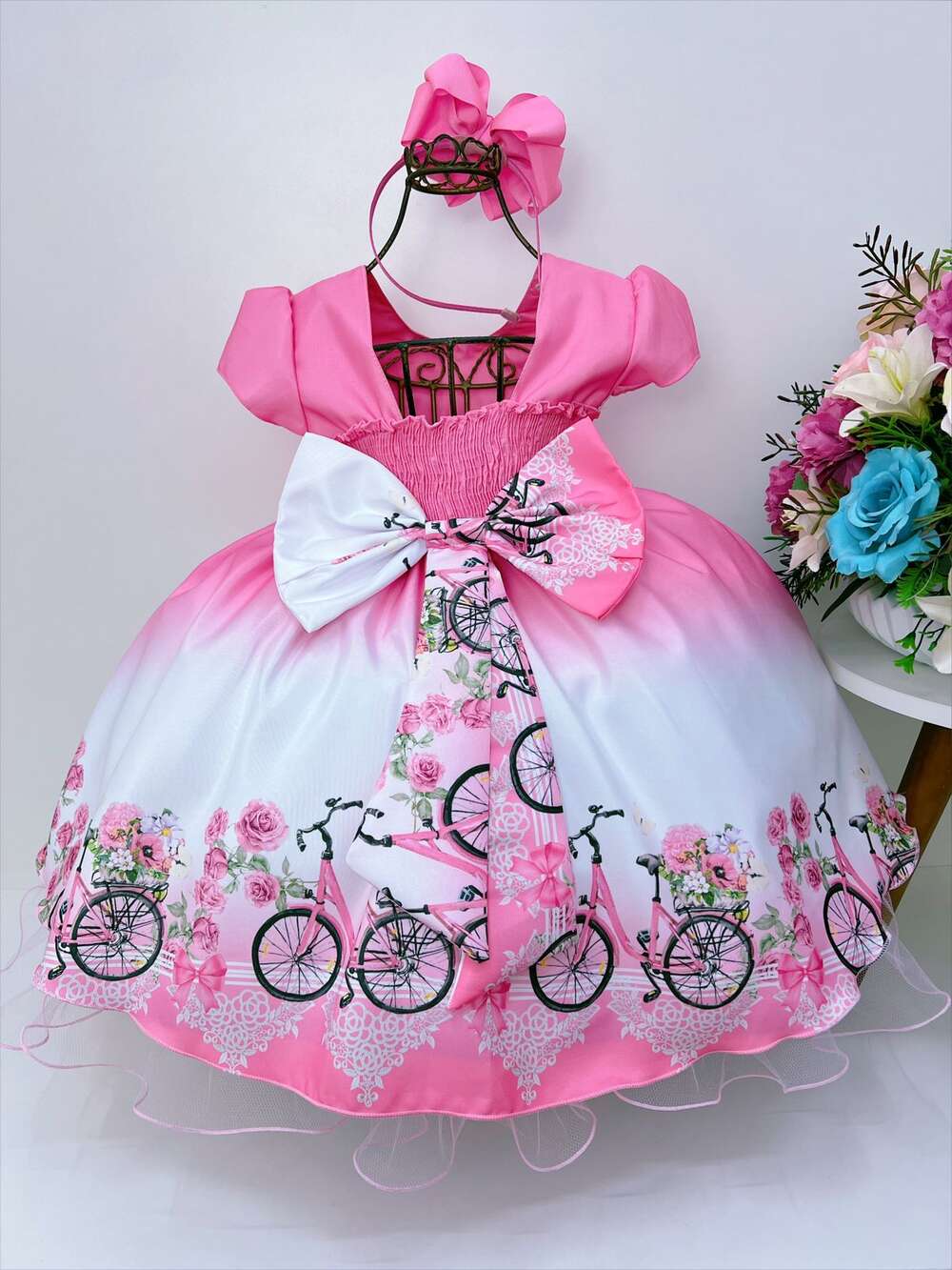 Vestido Infantil Rosa Chiclete Primavera Strass Pérolas