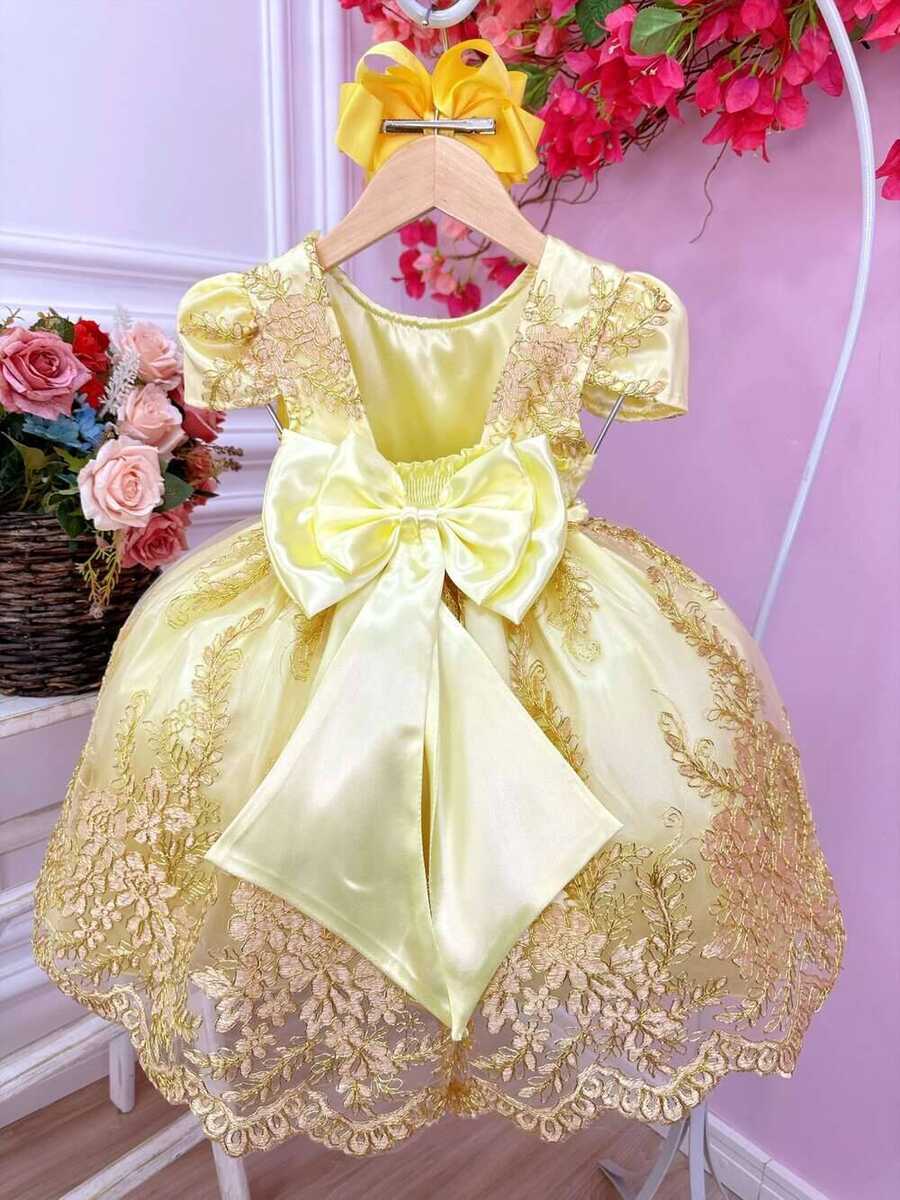 Vestido Infantil Amarelo Renda Realeza e Aplique Borboletas