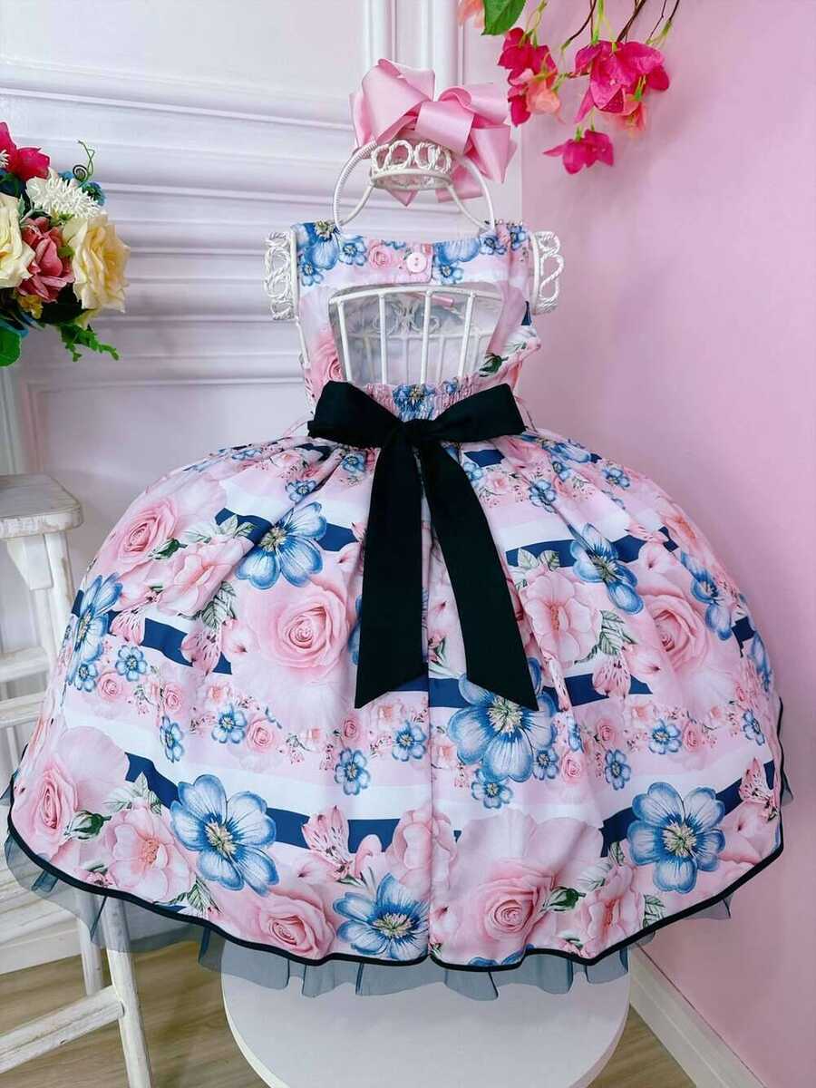 Vestido Infantil Floral Rosa e Azul Marinho Pérolas Strass