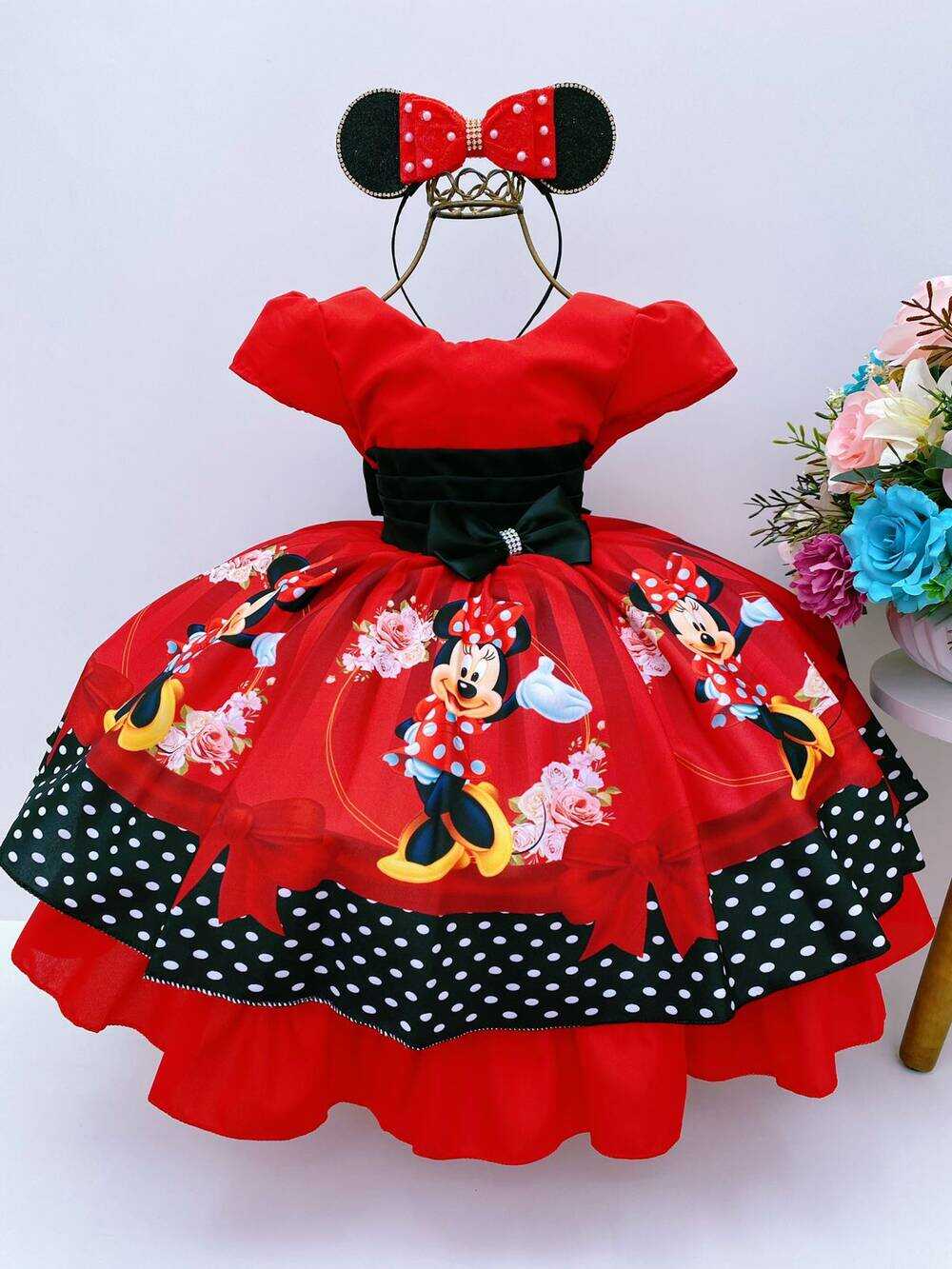 Vestido Infantil Minnie Vermelha Cinto Preto Strass Luxo