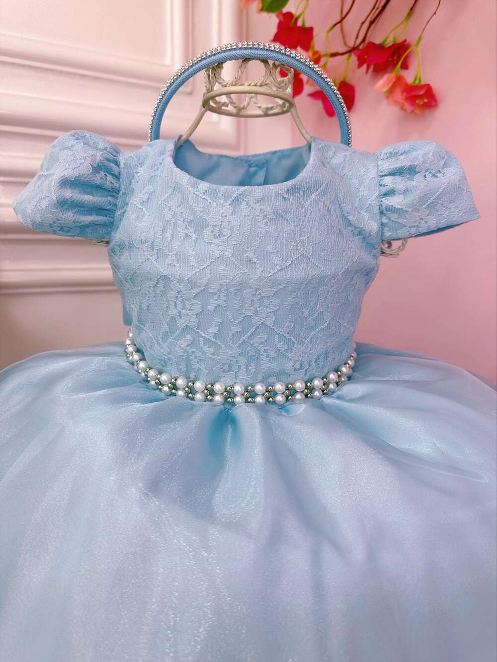 Vestido Infantil Azul C/ Renda e Cinto de Pérolas Tiara