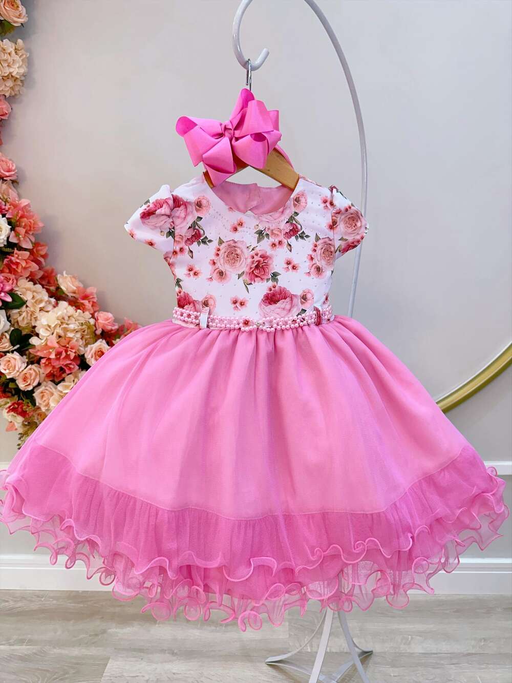 Vestido Infantil Branco Florido Strass e Saia Rosa Luxo