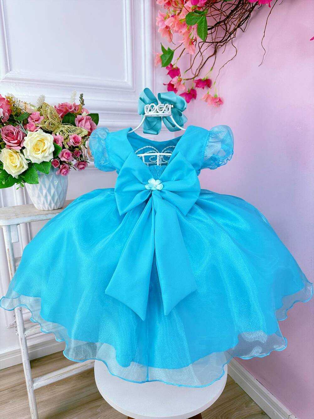 Vestido Infantil Verde Tiffany Princesas C/ Aplique Flores