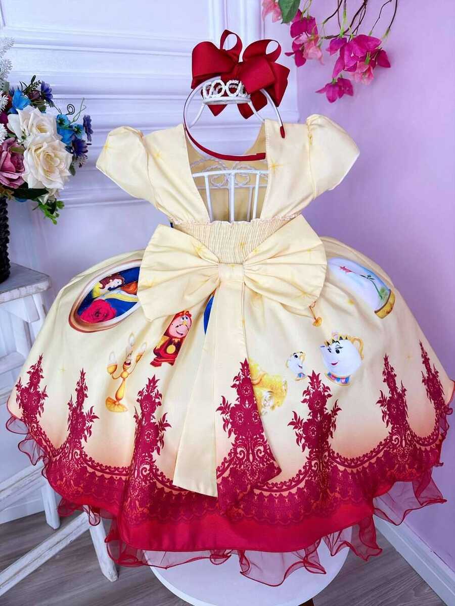 Vestido Infantil Bela e a Fera Amarelo Broche Flor Princesa