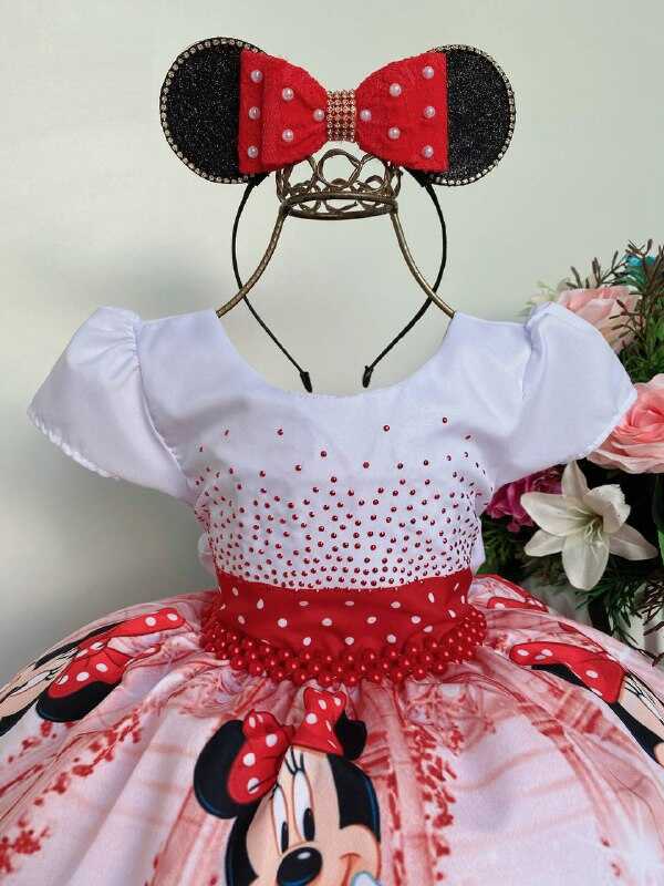 Vestido Infantil Minnie Vermelha Luxo Cinto de Pérolas