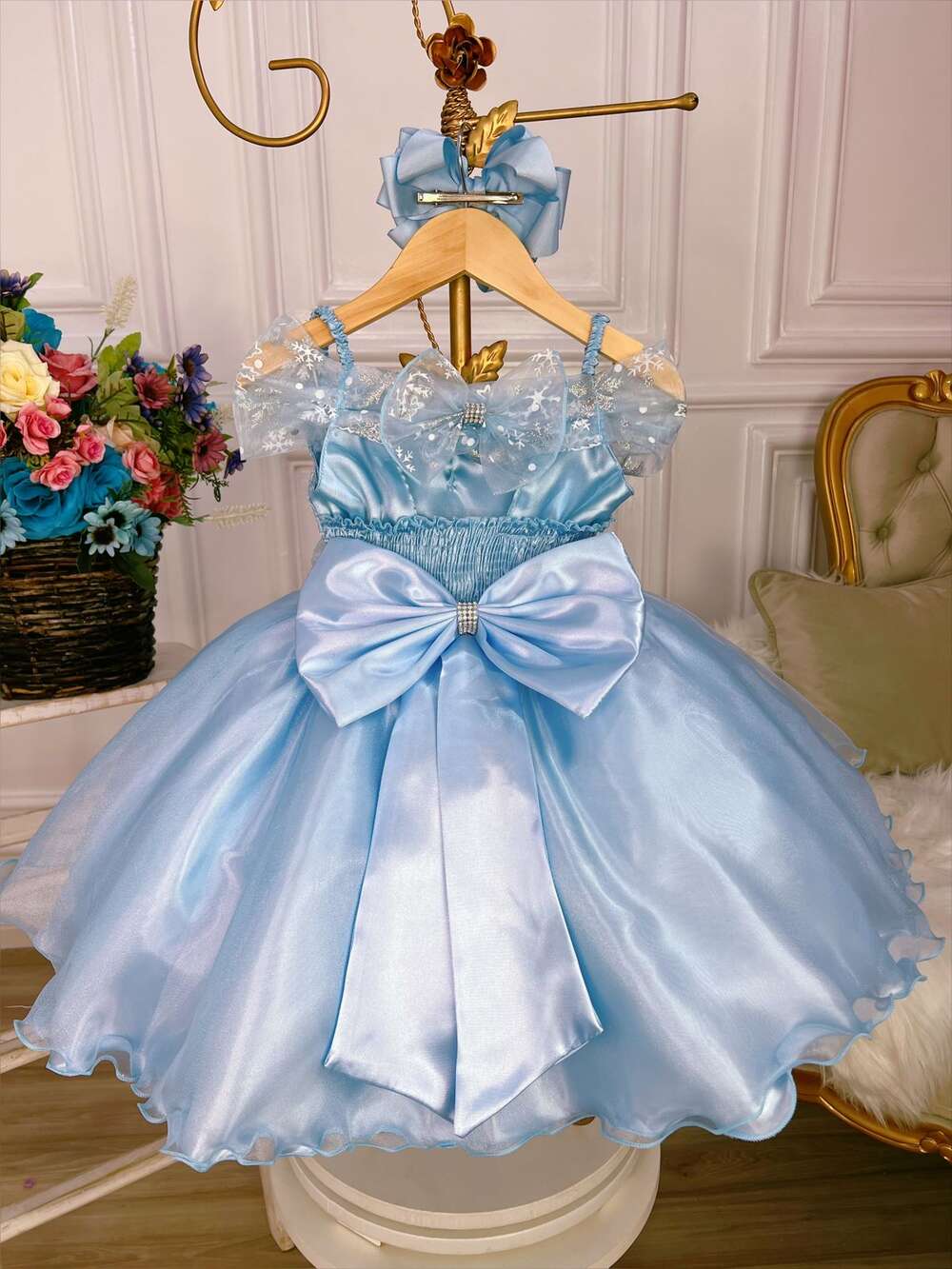 Vestido Infantil Frozen com Capa e Laço Festa Princesas Luxo