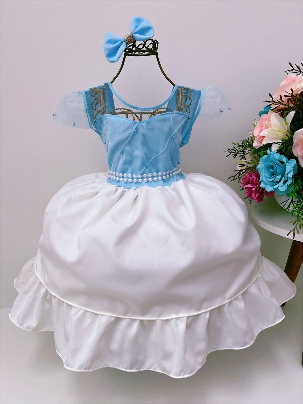 Vestido Infantil Azul Bebê Peito Nervura Saia Off Perolas