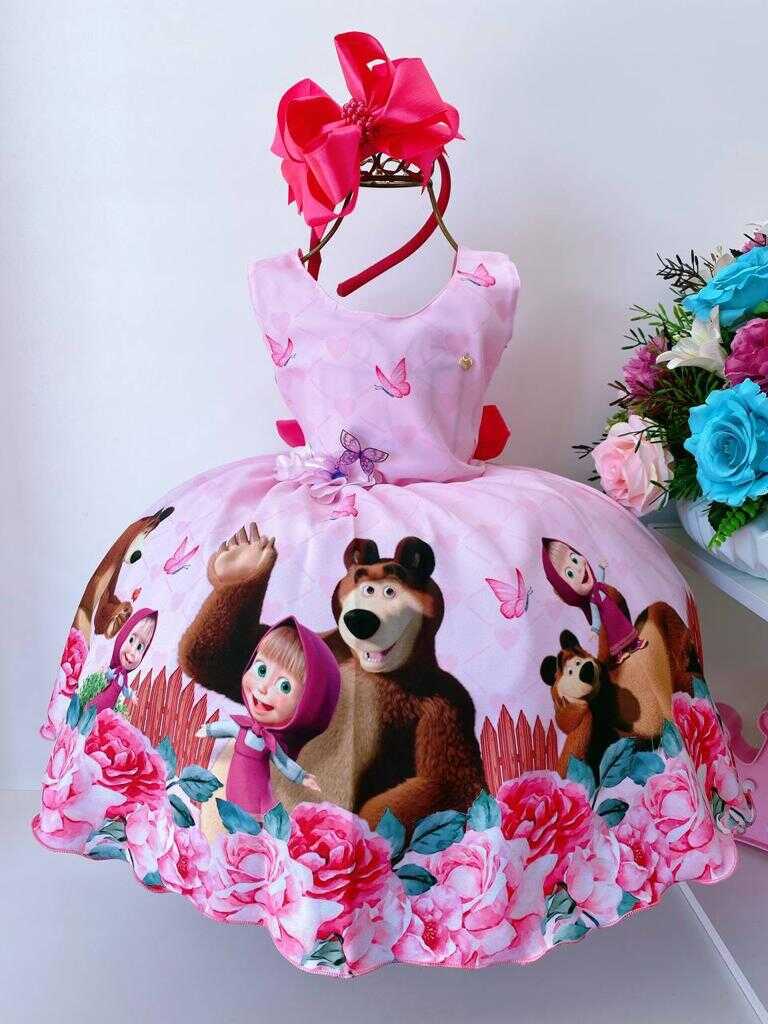 Vestido Infantil Masha e o Urso Rosa Borboletas Aplique Flor