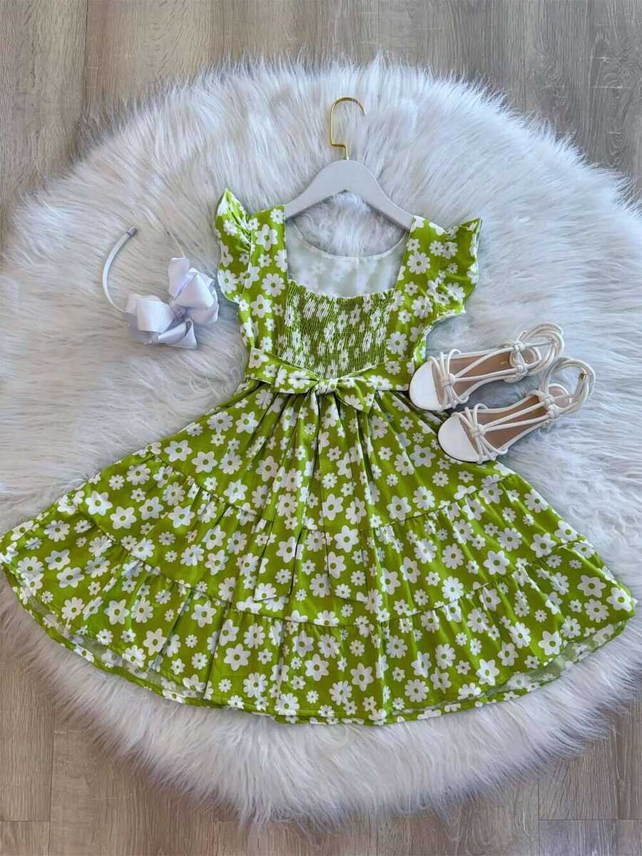 Vestido Infantil Primavera Verão Verde Lima C/ Margaridas