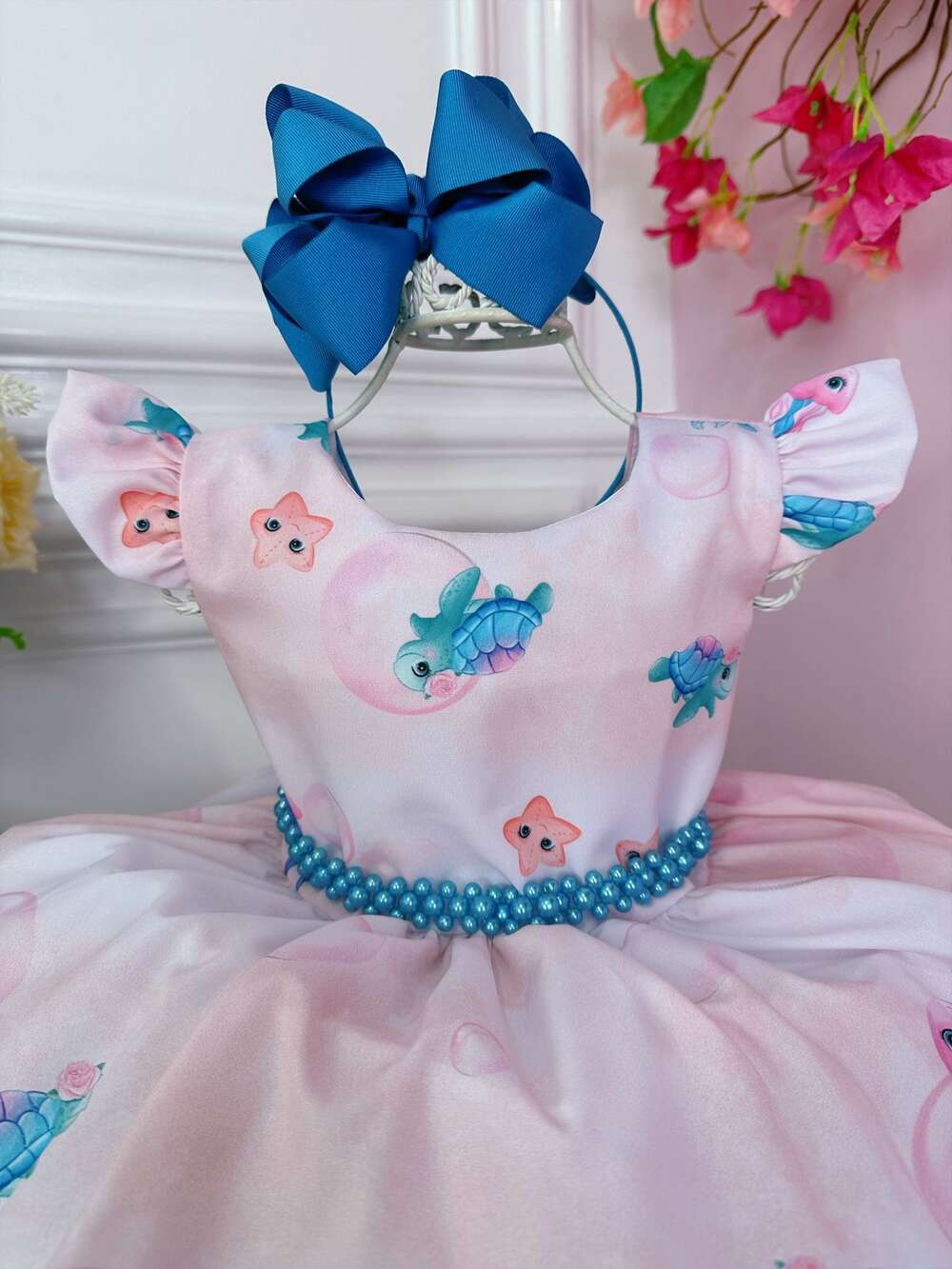 Vestido Infantil Princesa Sereia Ariel e Amigos C/ Pérolas