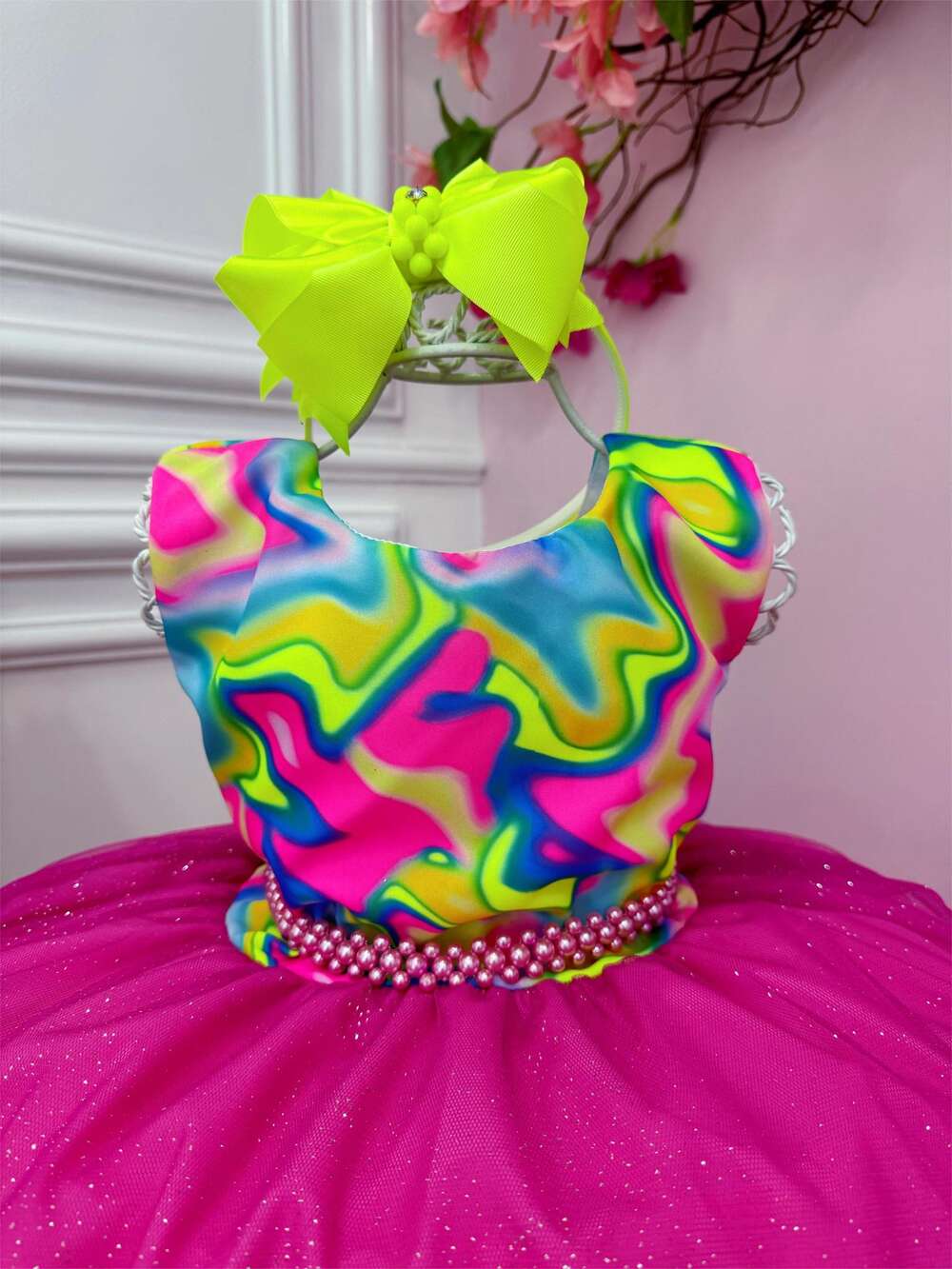 Vestido Infantil Barbie Colorido Neon Saia Pink C/ Glitter