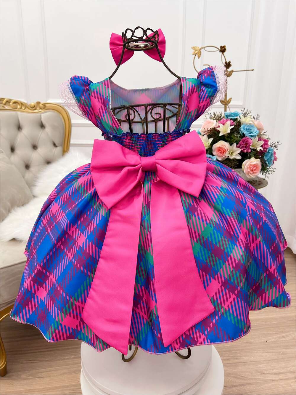 Vestido Infantil Azul Royal Colorido Xadrez C/ Laço Luxo