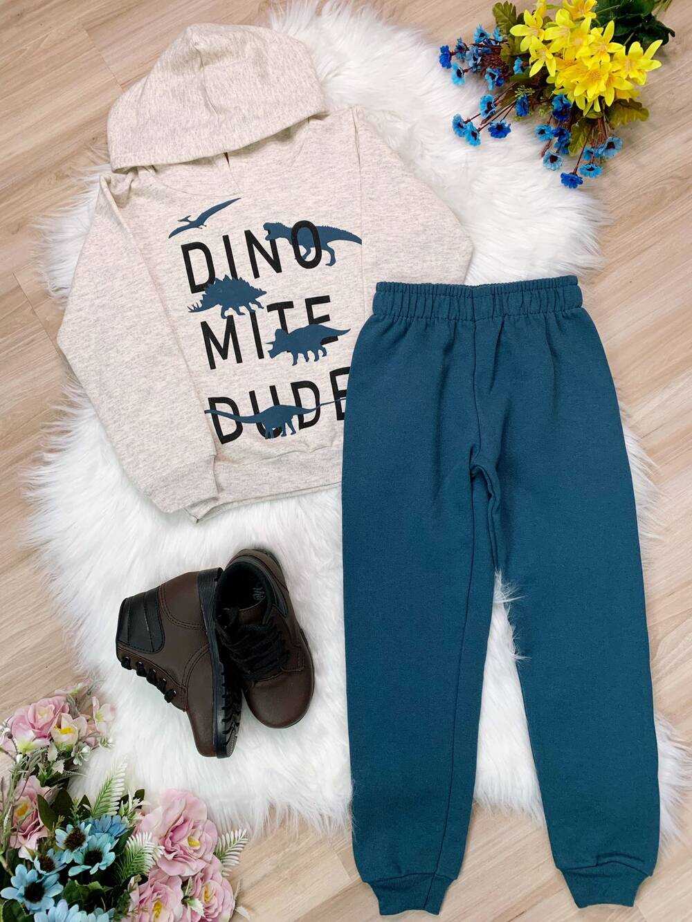 Conjunto de Moletom Blusa C/ Capuz Marfim Calça Azul Petróleo