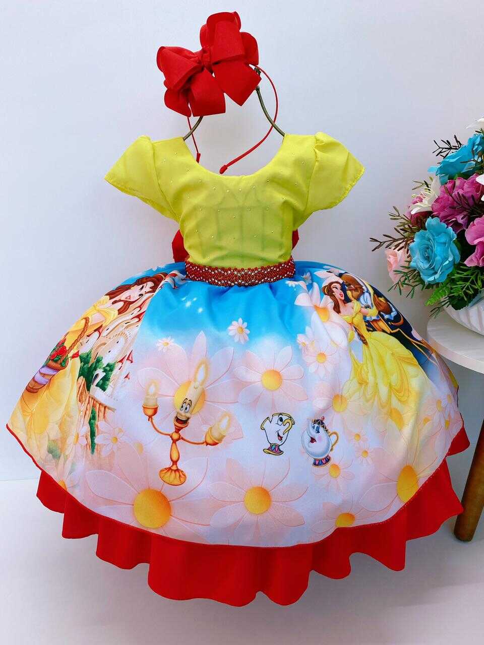 Vestido Infantil Bela e a Fera Amarelo Claro Azul e Vermelho