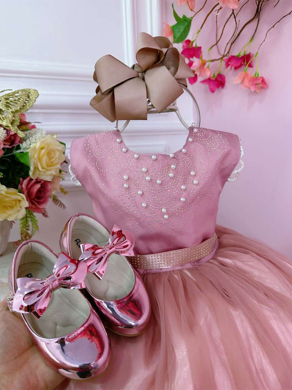 Vestido Infantil Rose C/ Strass Pérolas Damas Luxo