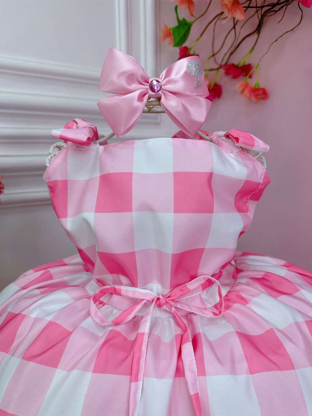 Vestido Infantil Barbie Xadrez Rosa Bebê Com Laço