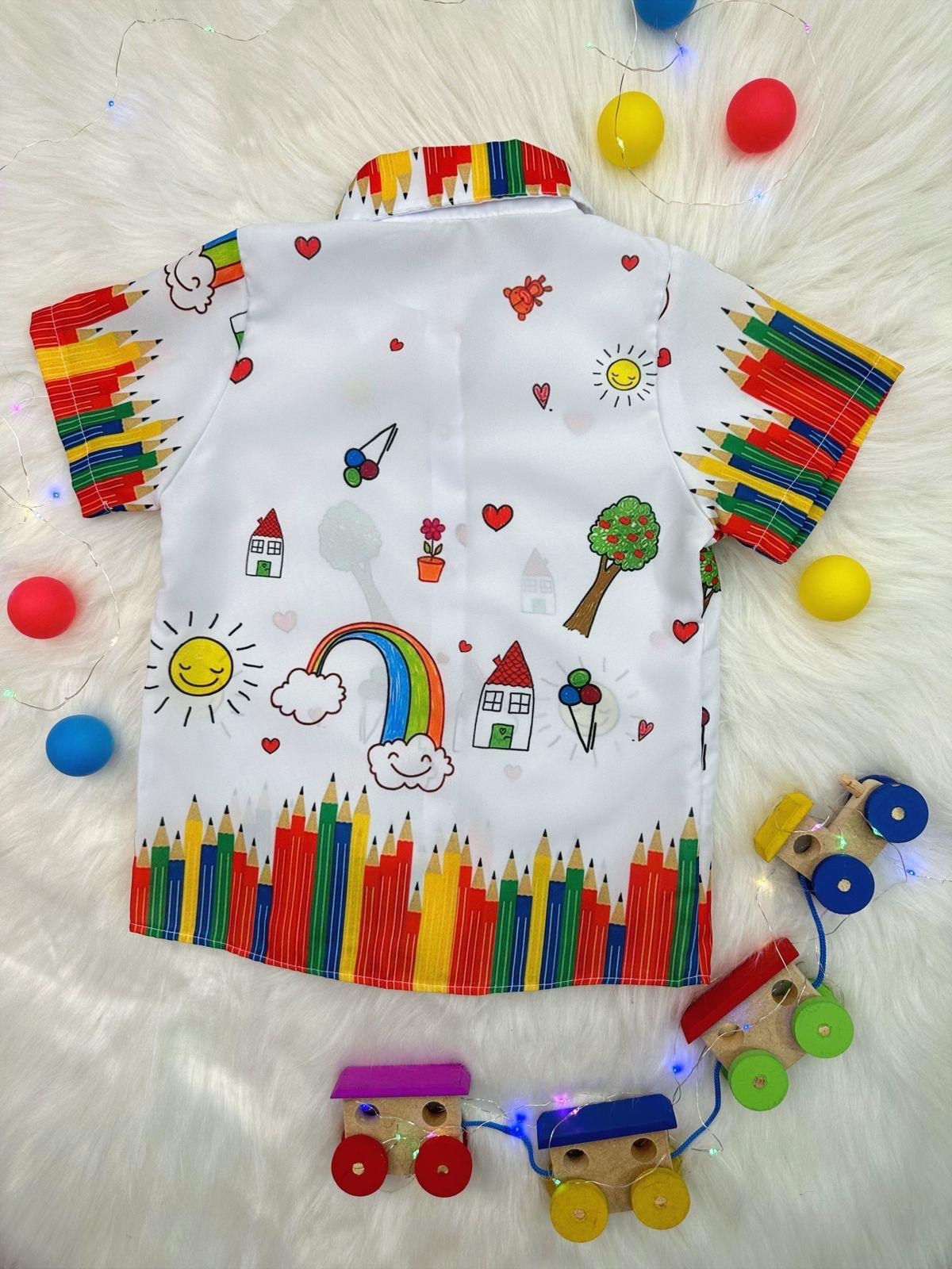 Camisa Infantil Branca Com Botões e Gravatinha Aquarela