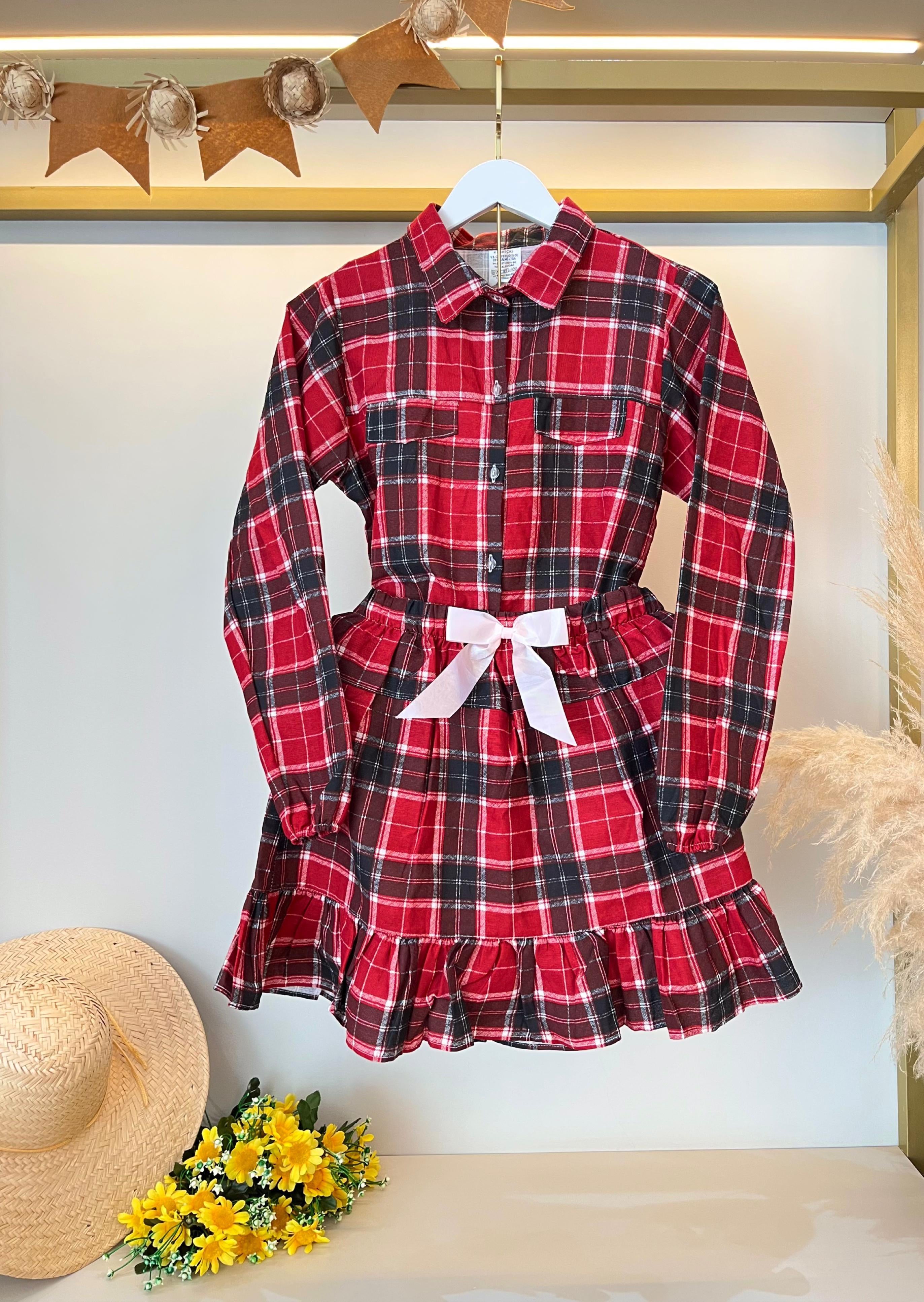 Conjunto Flanela Adulto Junino Camisa e Saia Xadrez Vermelho Colorido