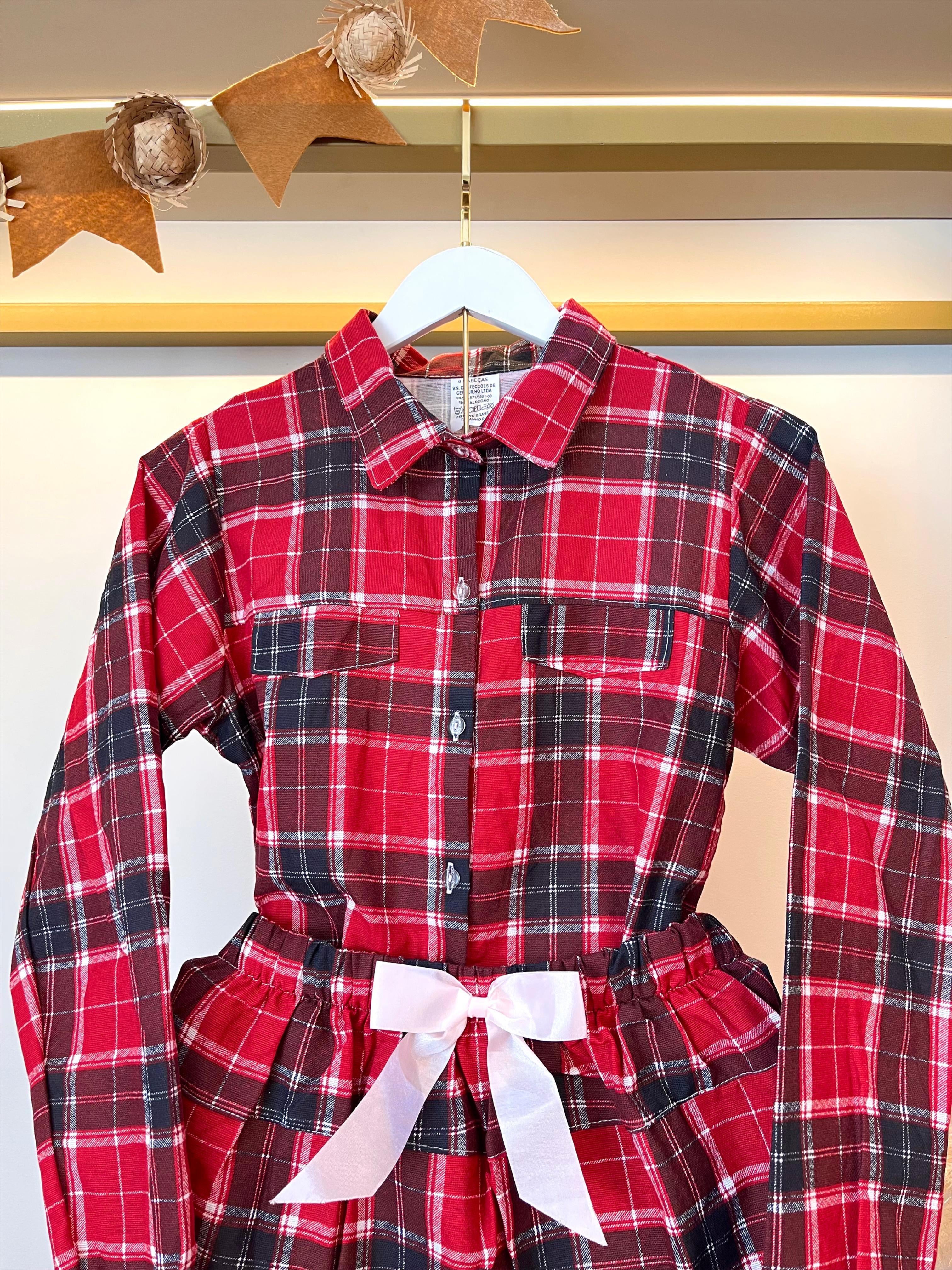 Conjunto Flanela Adulto Junino Camisa e Saia Xadrez Vermelho Colorido