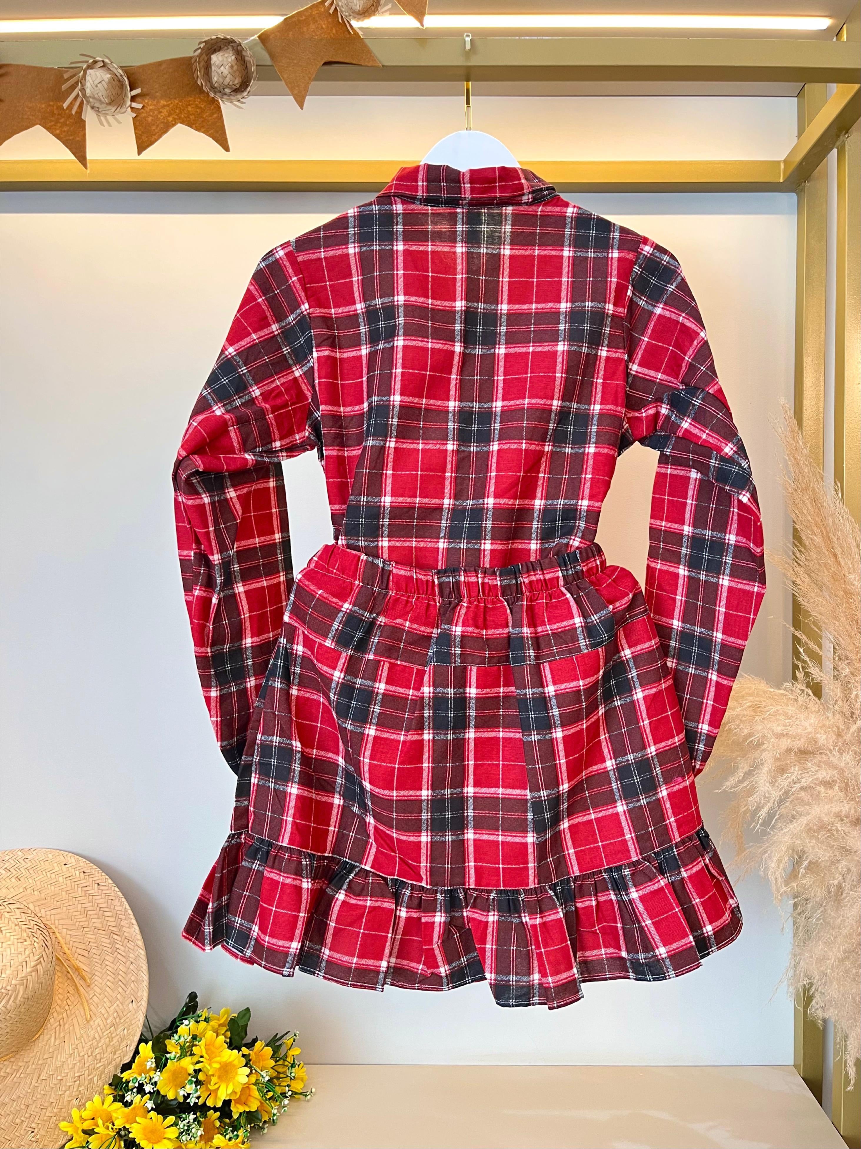 Conjunto Flanela Adulto Junino Camisa e Saia Xadrez Vermelho Colorido