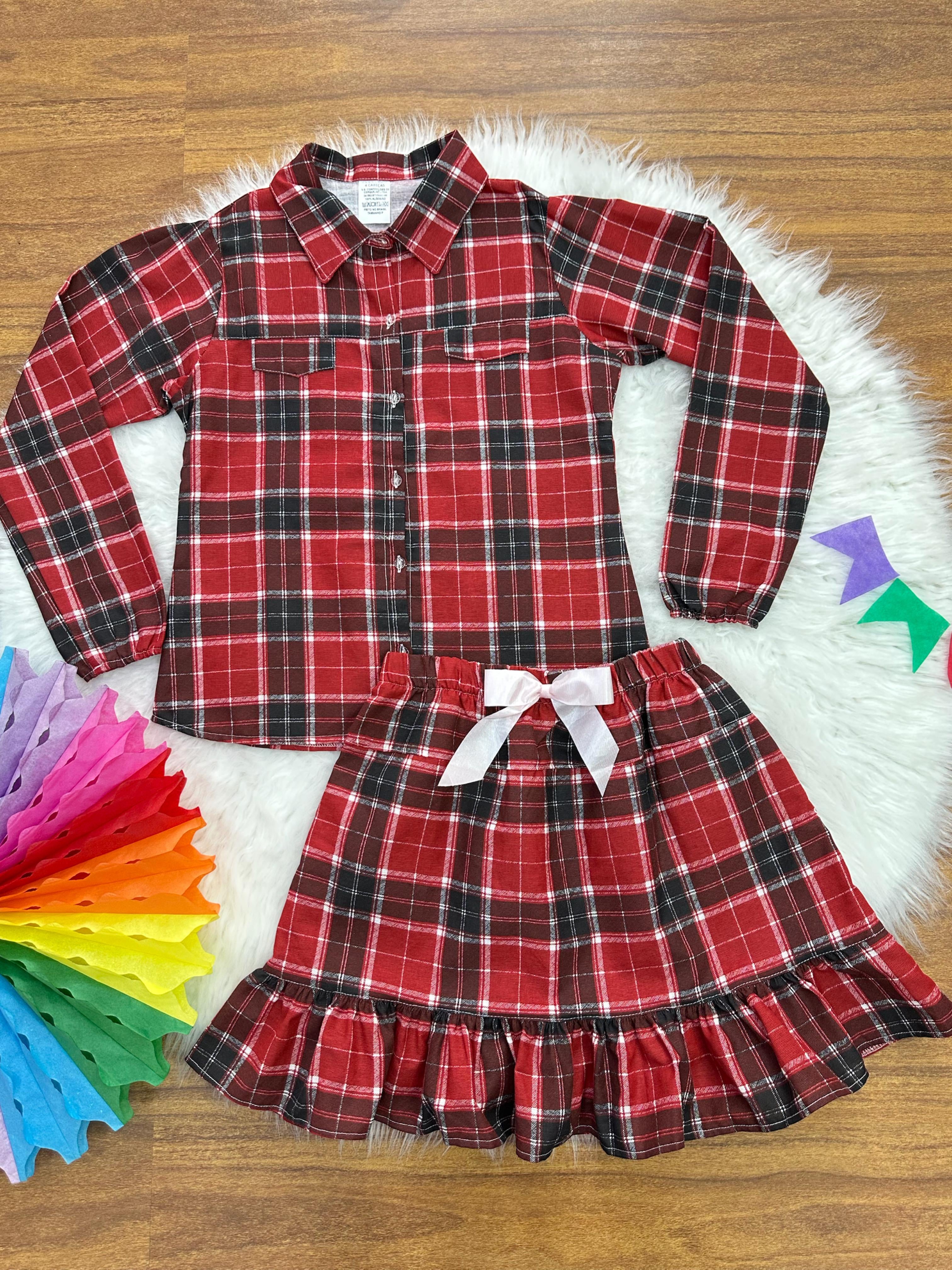 Conjunto Flanela Adulto Junino Camisa e Saia Xadrez Vermelho Colorido