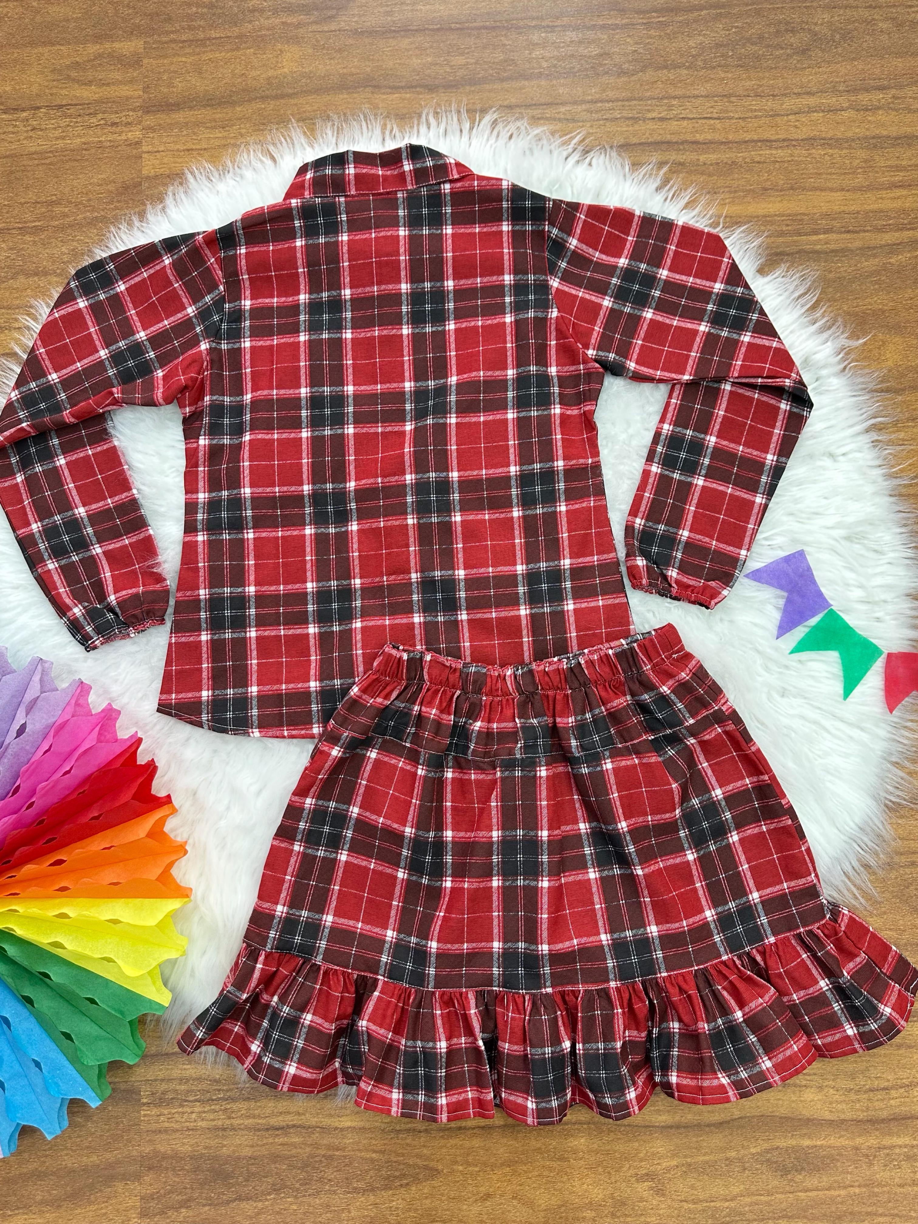 Conjunto Flanela Adulto Junino Camisa e Saia Xadrez Vermelho Colorido
