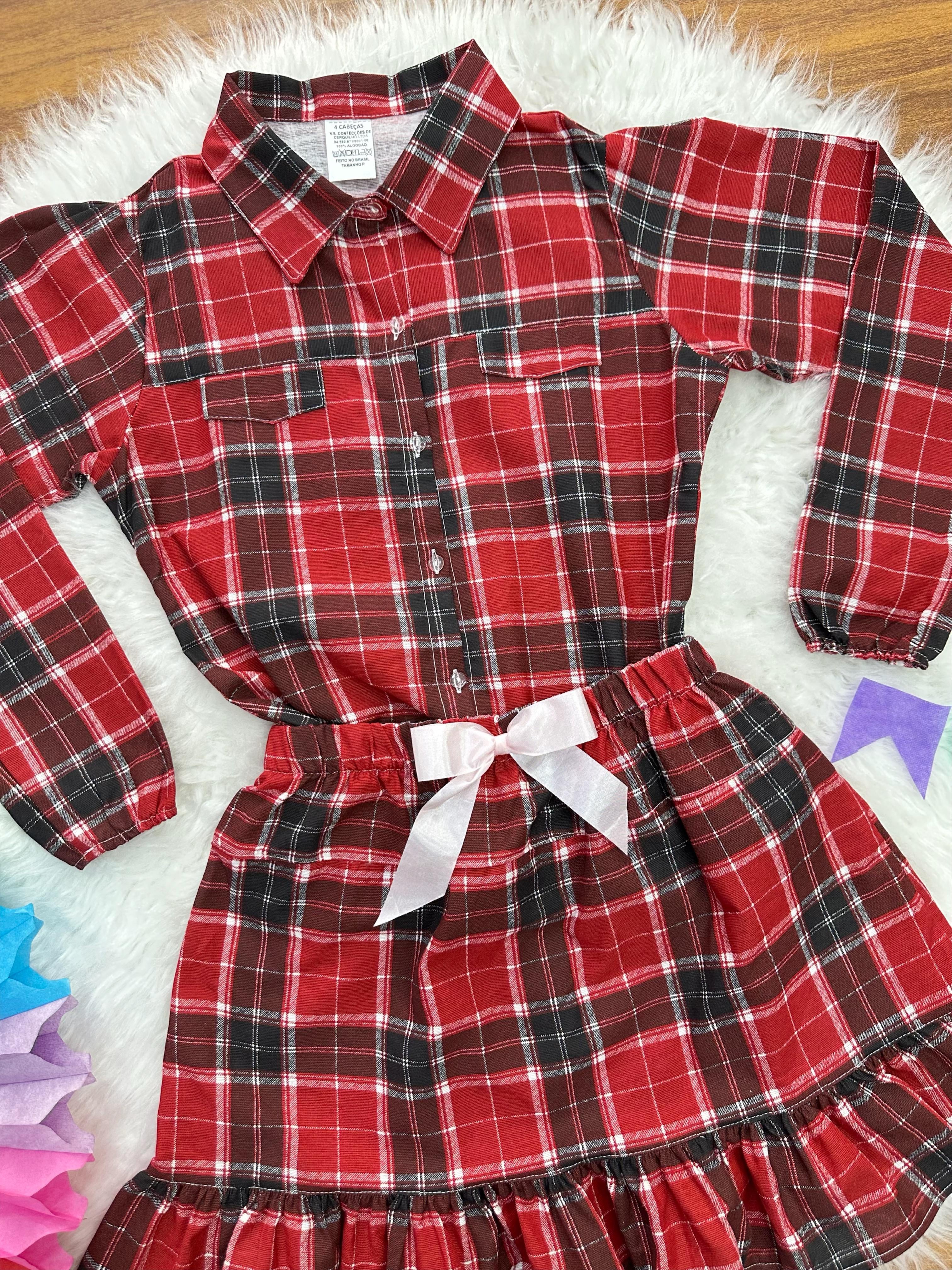 Conjunto Flanela Adulto Junino Camisa e Saia Xadrez Vermelho Colorido