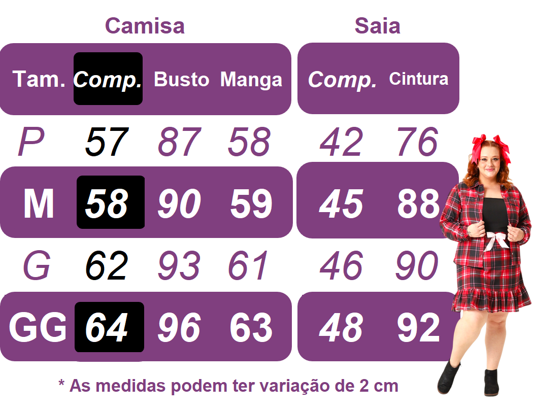 Conjunto Flanela Adulto Junino Camisa e Saia Xadrez Vermelho Colorido