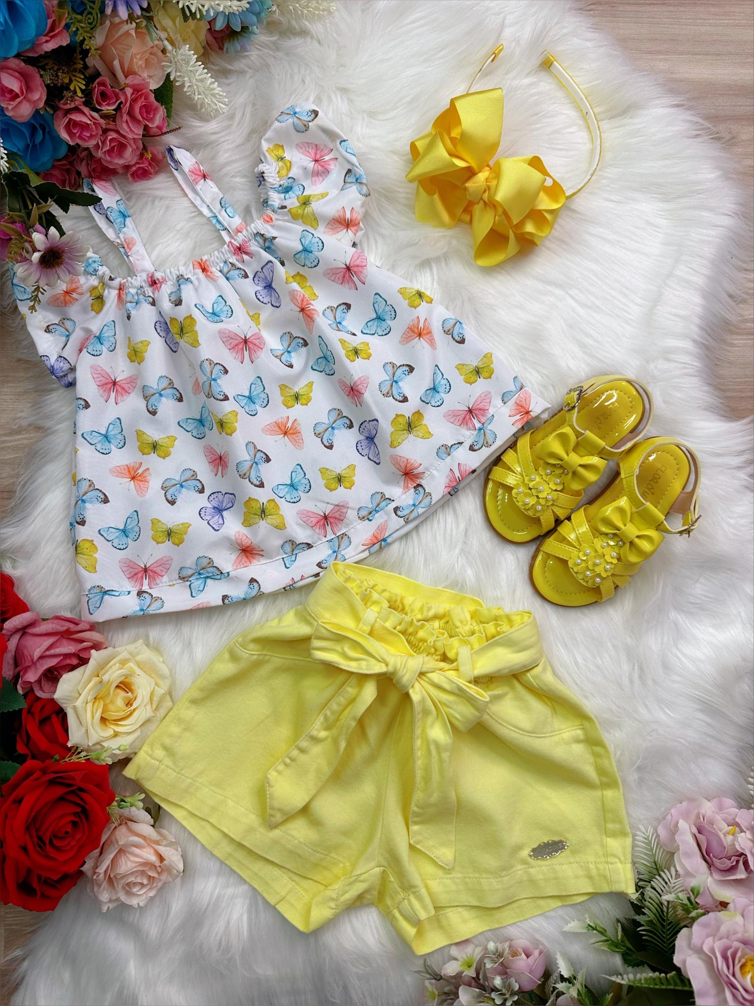 Conjunto Infantil Blusa Borboletas e Short Amarelo