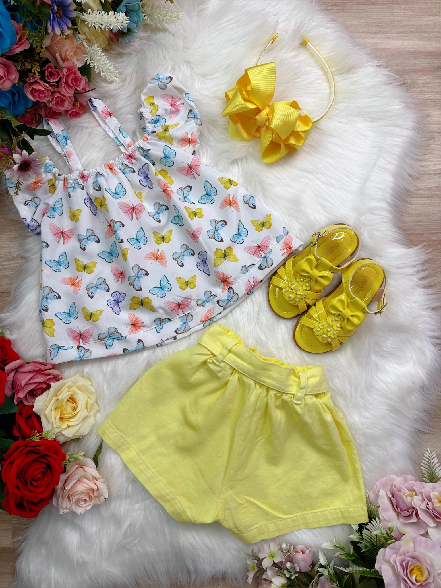 Conjunto Infantil Blusa Borboletas e Short Amarelo