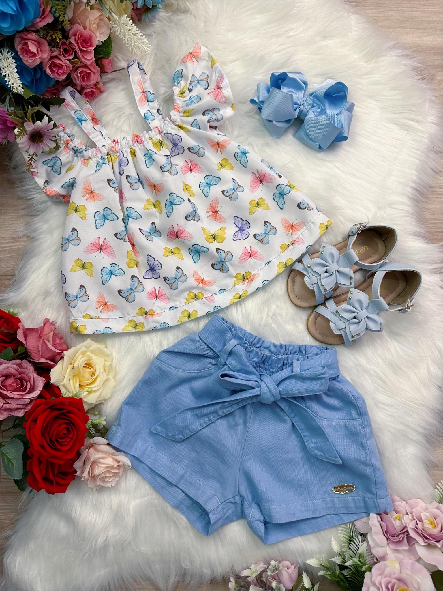 Conjunto Infantil Blusa Borboletas e Short Azul Bebê