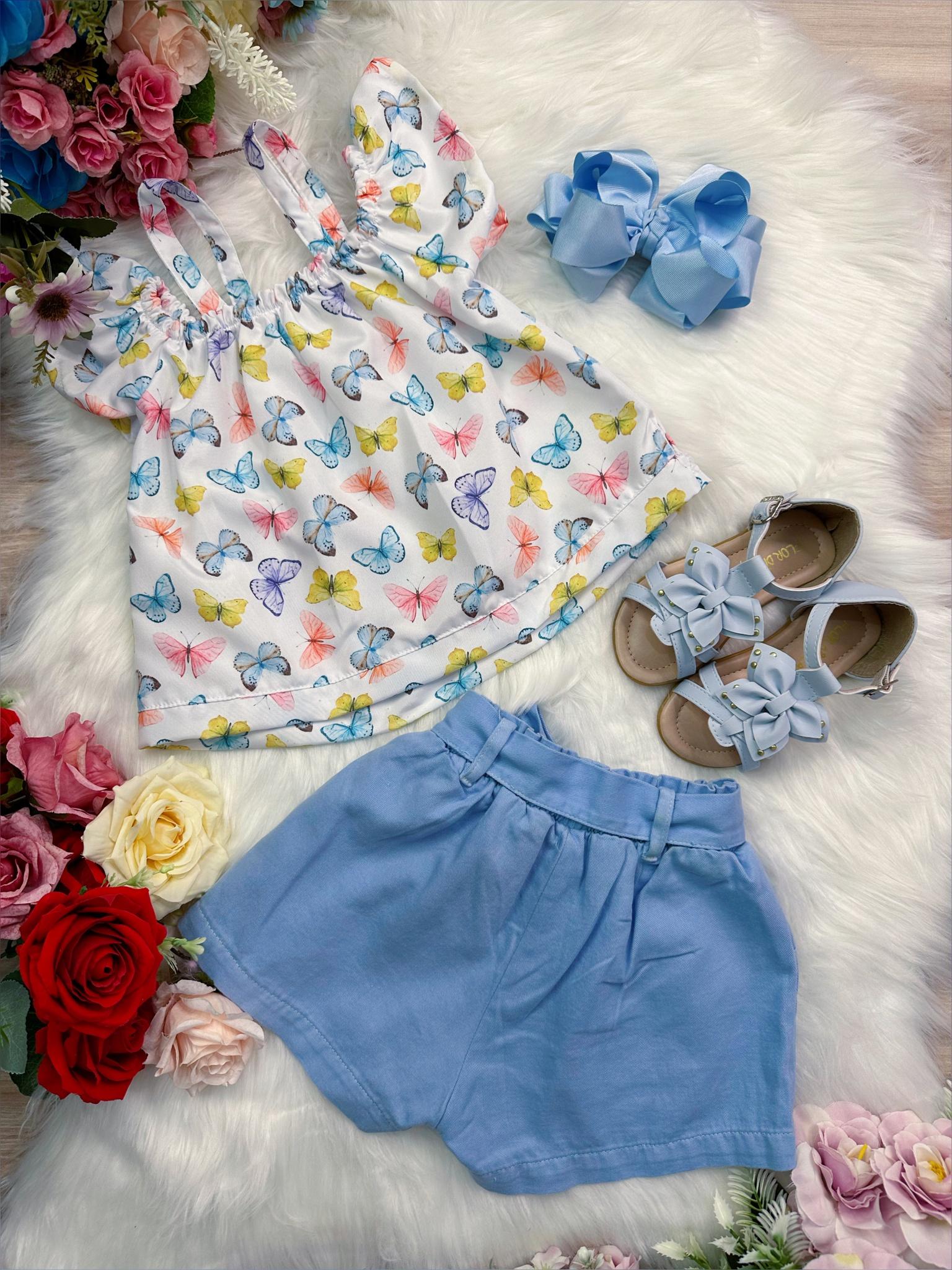 Conjunto Infantil Blusa Borboletas e Short Azul Bebê