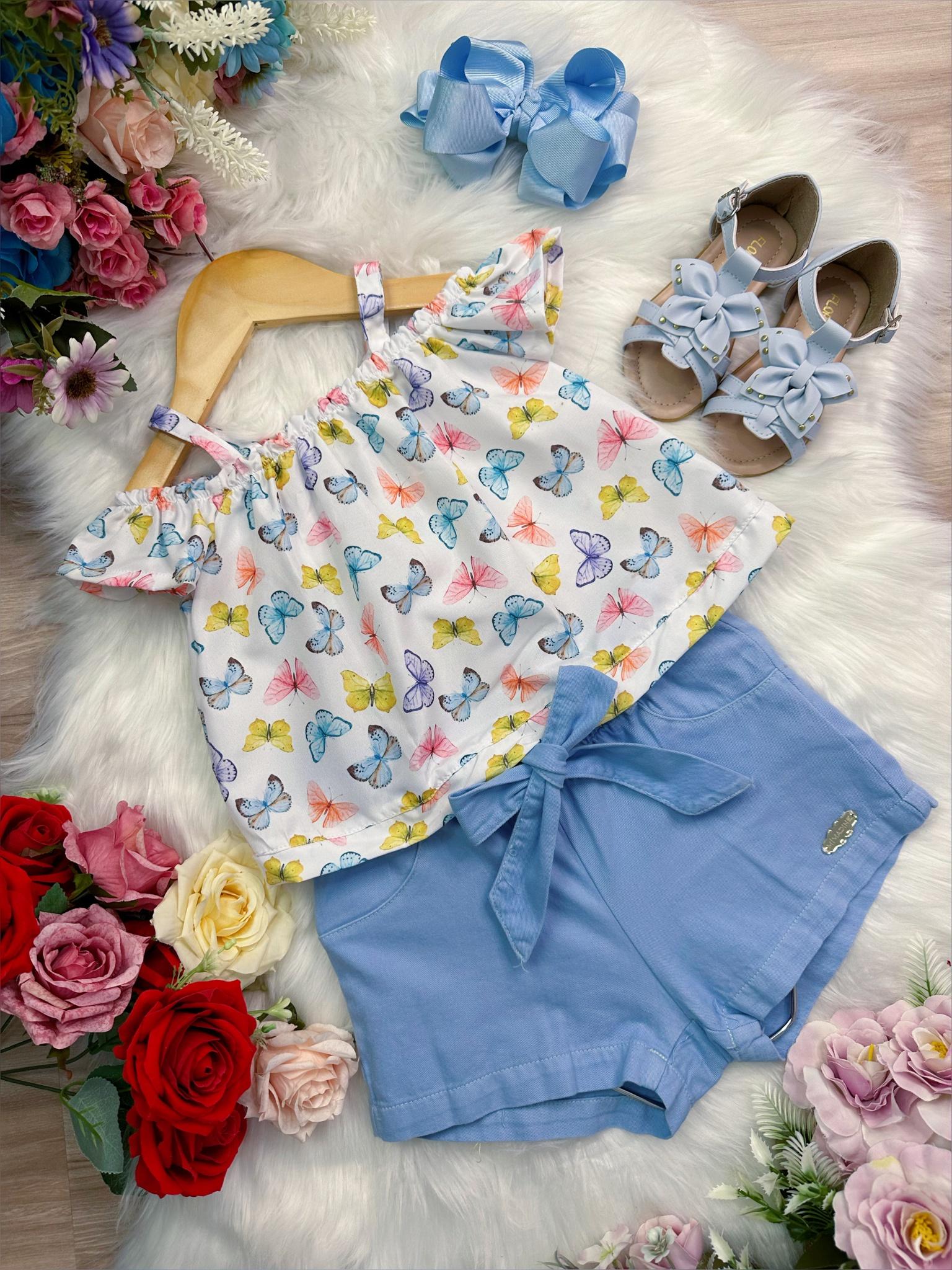 Conjunto Infantil Blusa Borboletas e Short Azul Bebê