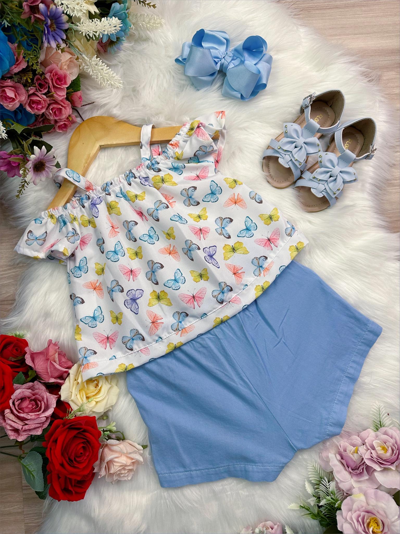 Conjunto Infantil Blusa Borboletas e Short Azul Bebê