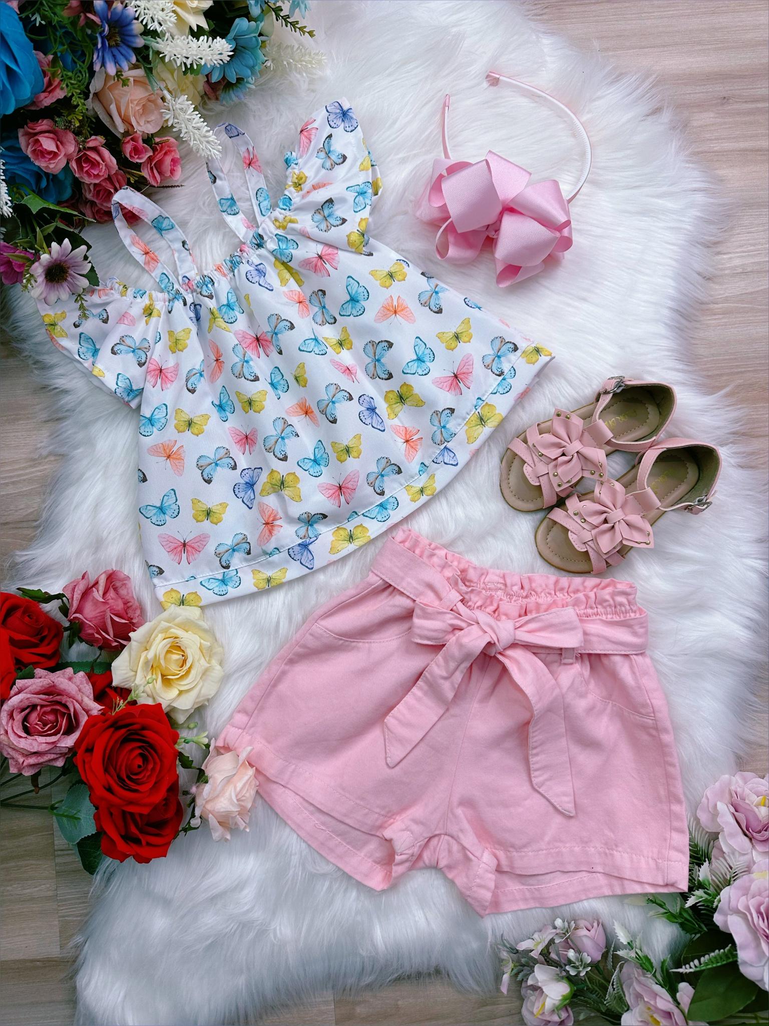 Conjunto Infantil Blusa Borboletas e Short Rosa