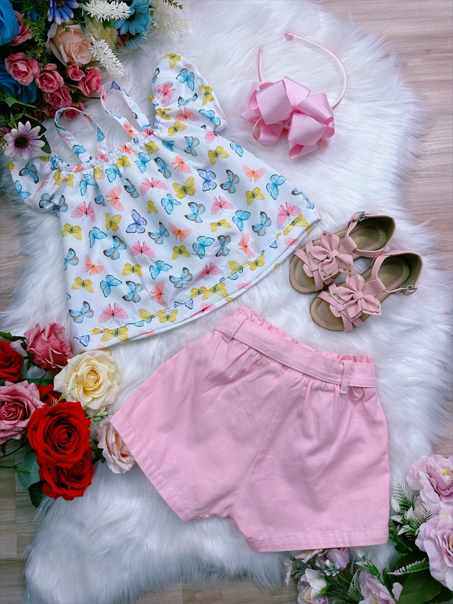 Conjunto Infantil Blusa Borboletas e Short Rosa