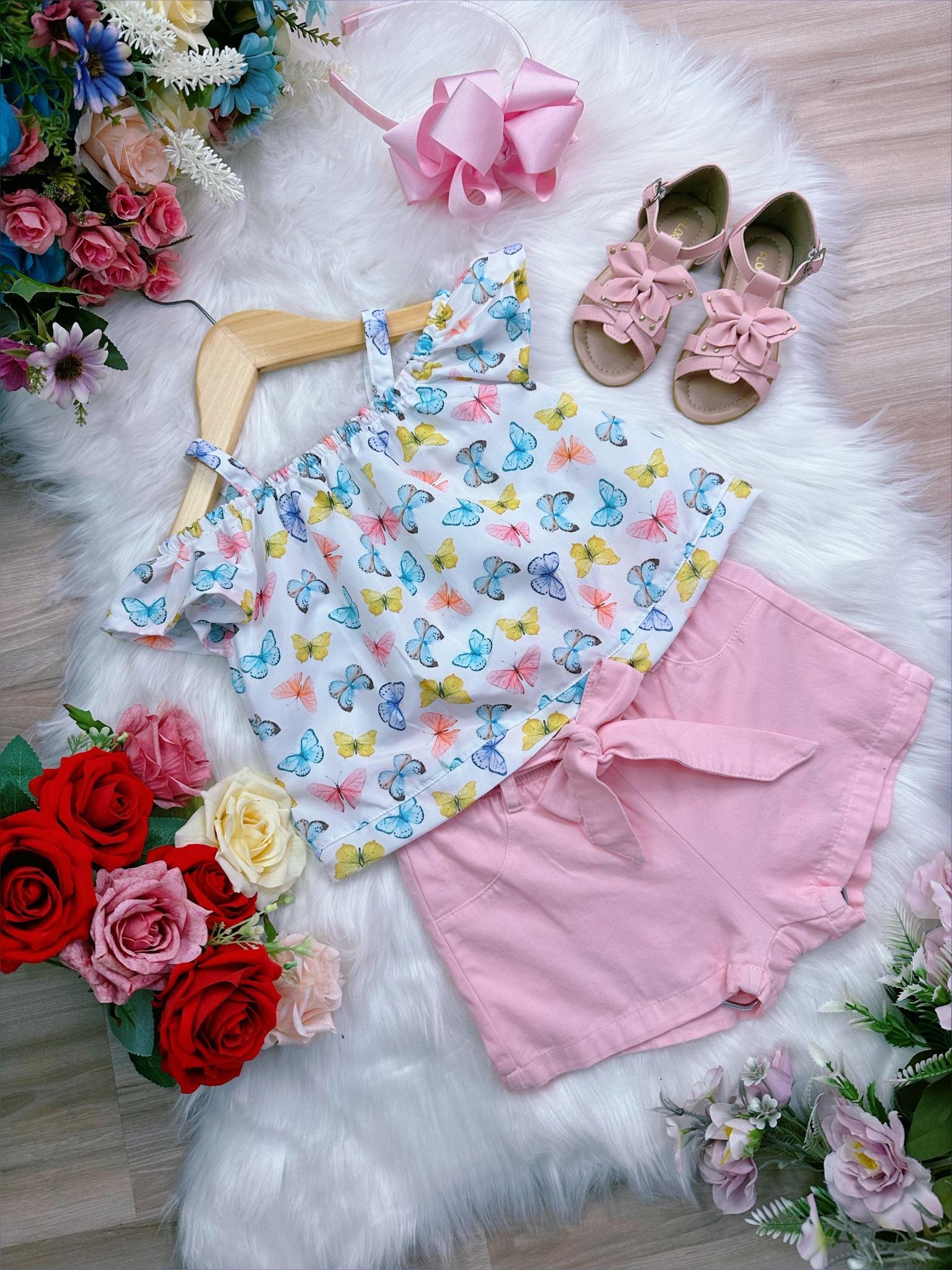 Conjunto Infantil Blusa Borboletas e Short Rosa