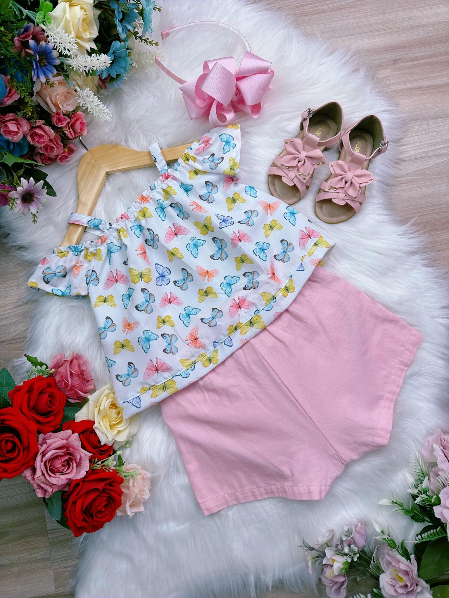 Conjunto Infantil Blusa Borboletas e Short Rosa