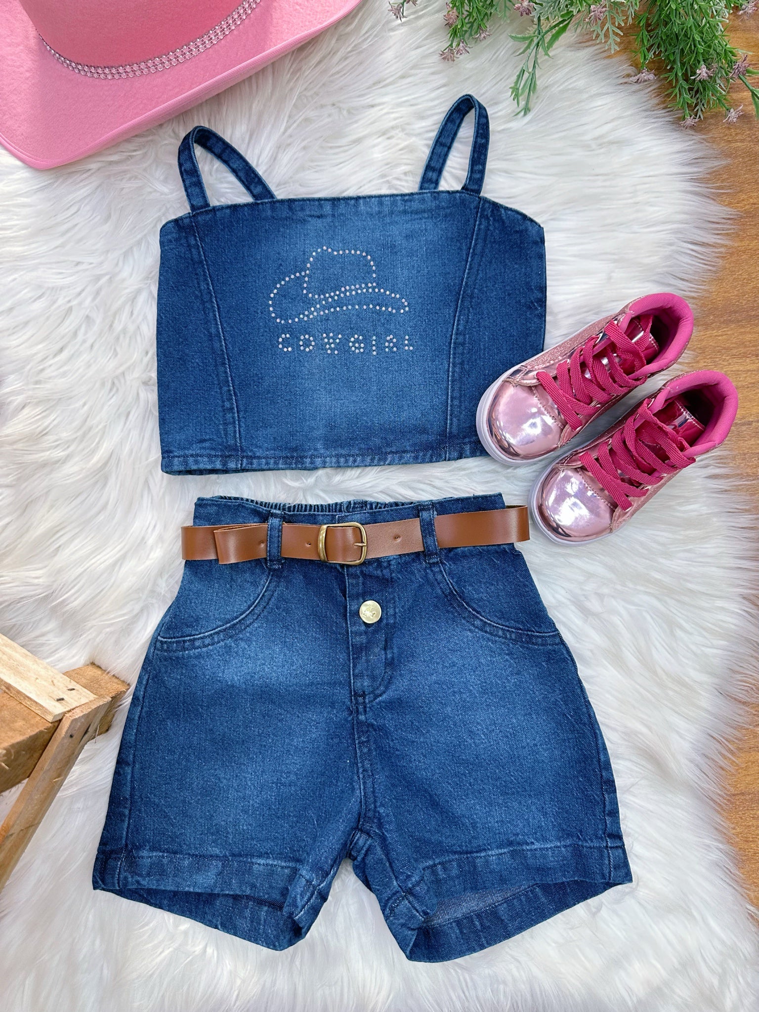 Conjunto Infantil Blusa e Short Jeans Boiadeira Casual