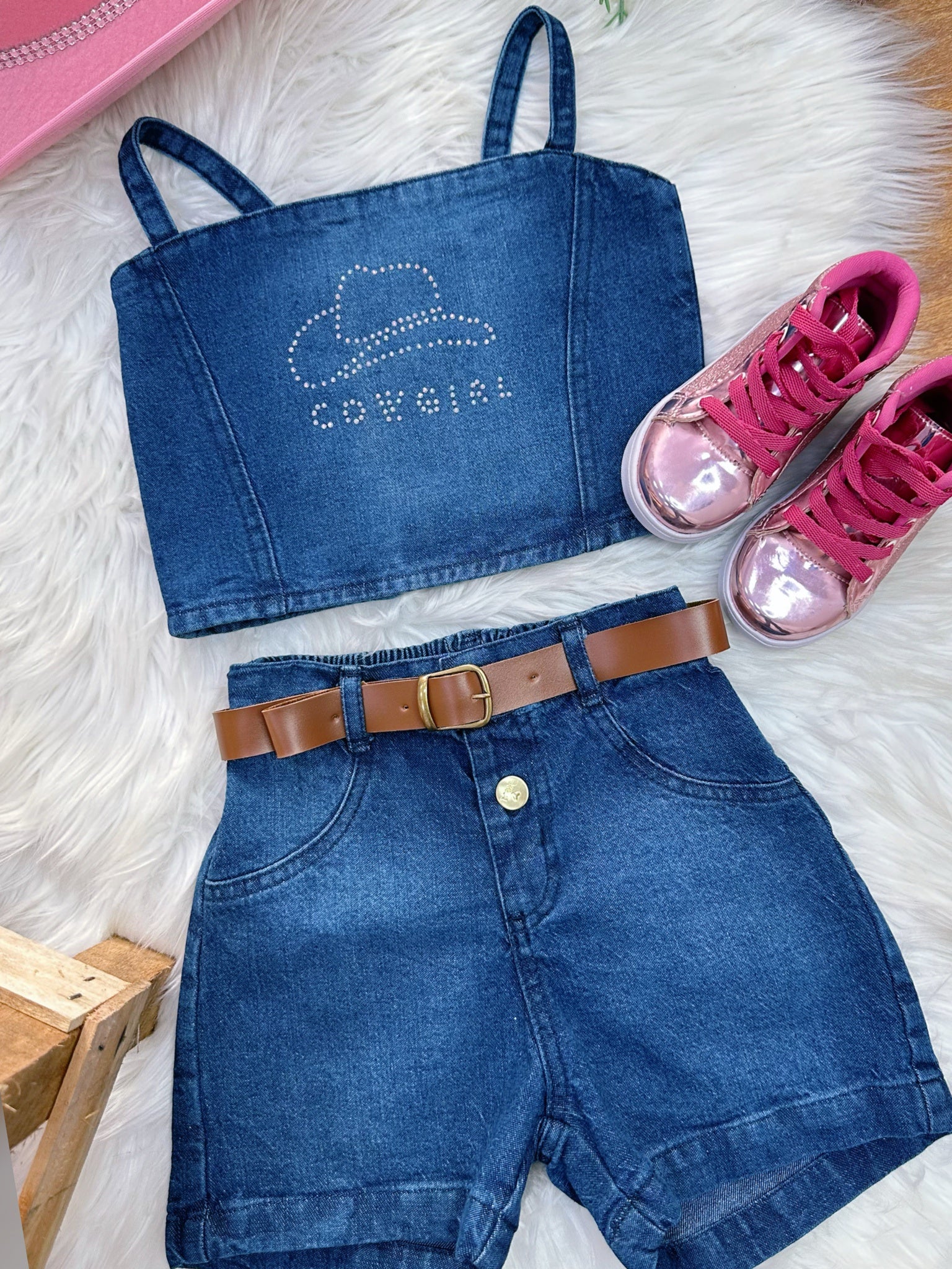 Conjunto Infantil Blusa e Short Jeans Boiadeira Casual